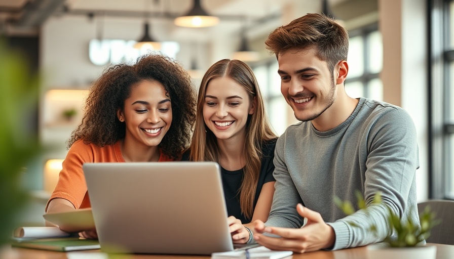 Young adults using a laptop in a modern co-working space, social media in education.