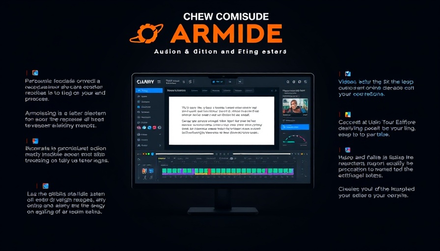 AI-powered audio and video editing interface with bold design elements.