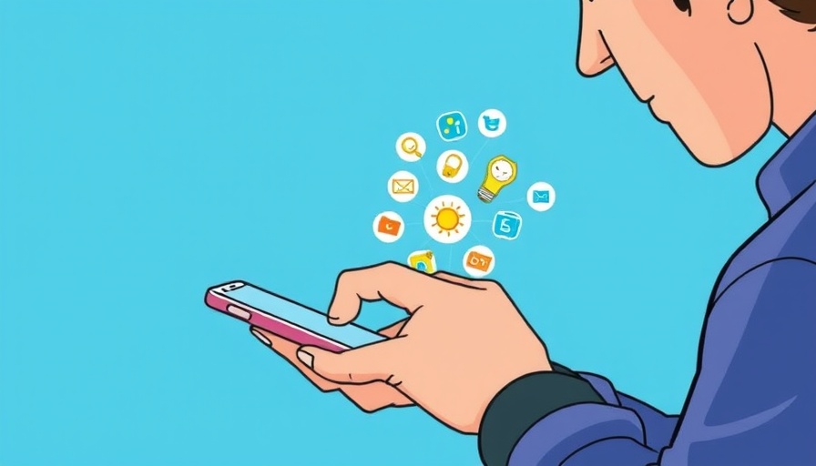 Cartoon illustration of person engaging with SMS API on mobile phone.