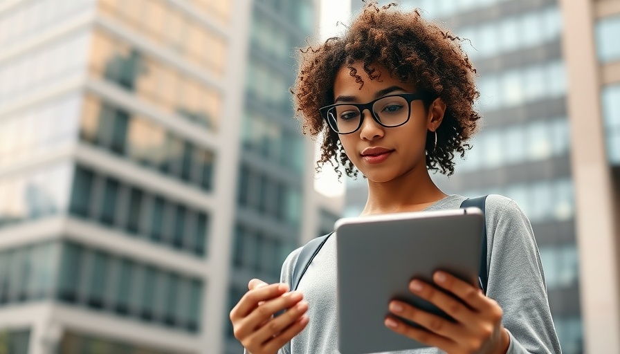 Woman using tablet in city street, business social media.