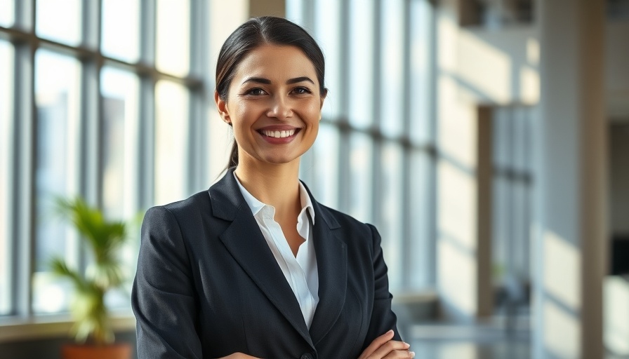Professional woman smiling confidently in office setting.