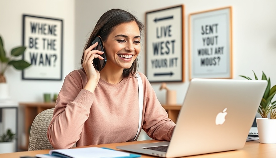 Young woman multitasking on phone and laptop for social media content creation strategies.