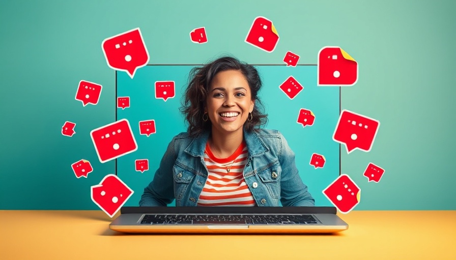 Joyful woman emerging from a laptop surrounded by notifications, representing YouTube Description Templates.
