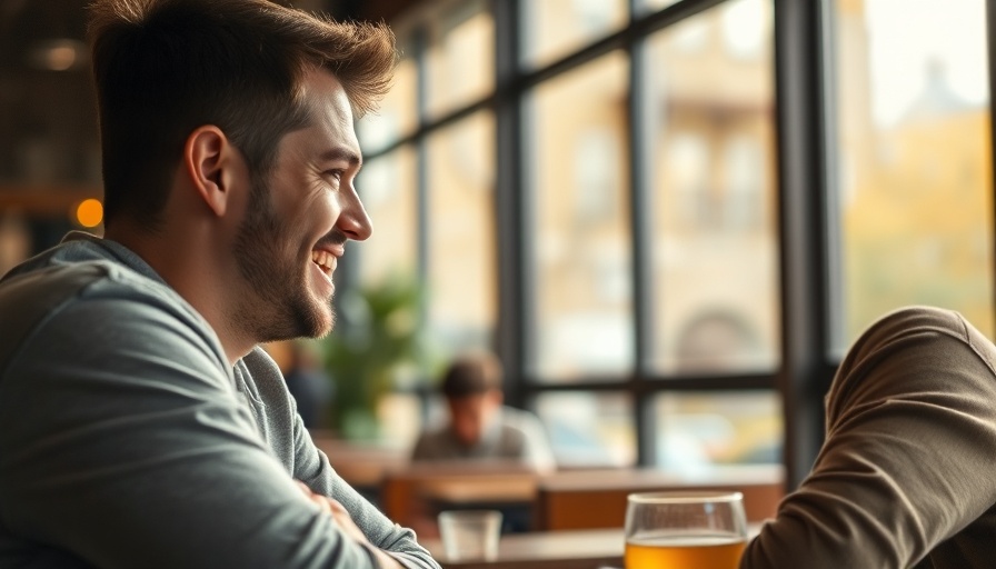 Warm and inviting café scene with two people smiling and conversing, representing positive behaviors a genuinely good man will display.