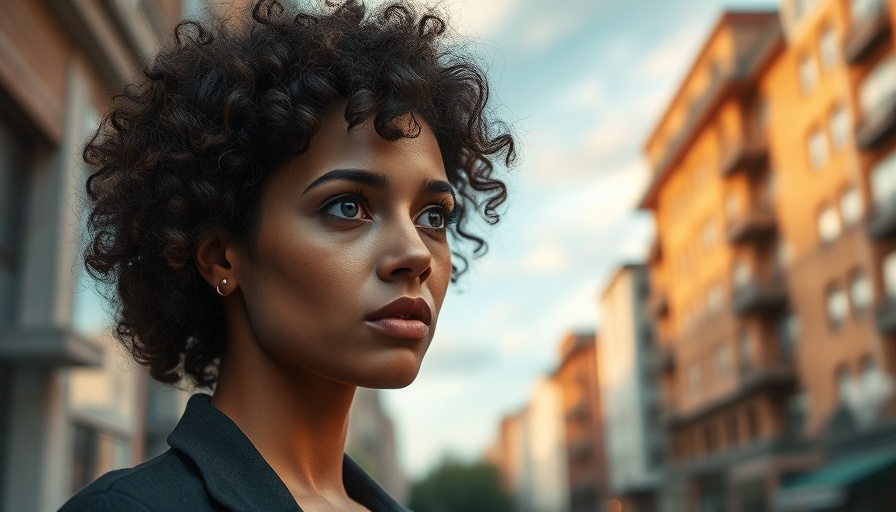 Pensive woman highlighting daily habits causing stress, urban backdrop.