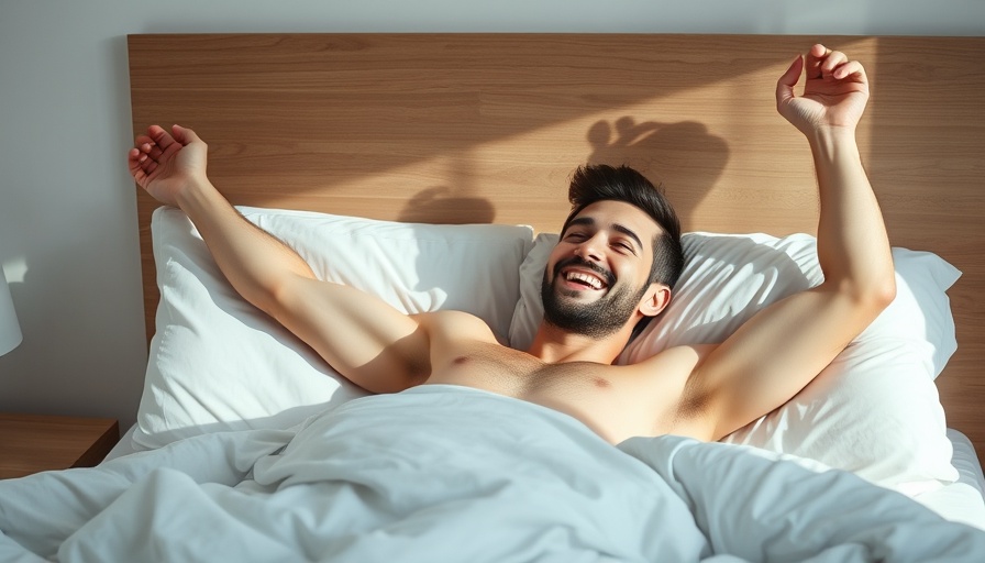 Cheerful man waking up in bed to start morning habits for energy.