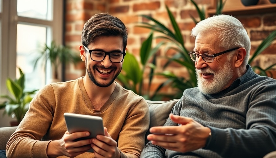 Young man and older man using tablet, exploring Gen-Z lifestyle habits.
