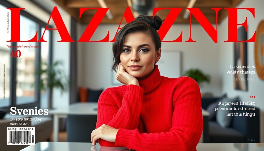 Cover of magazine with woman in red sweater, modern design.