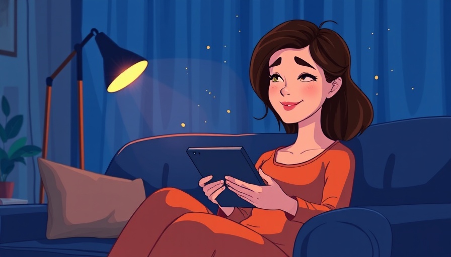 Cartoon woman engaging with a tablet, illustrating effective visual storytelling strategies.