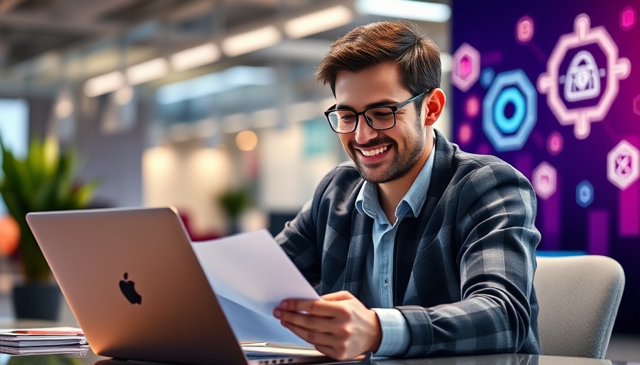 Smiling man using AI social listening tools with laptop.