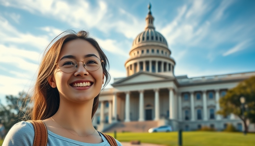 Young woman smiling in front of domed building, clear sky