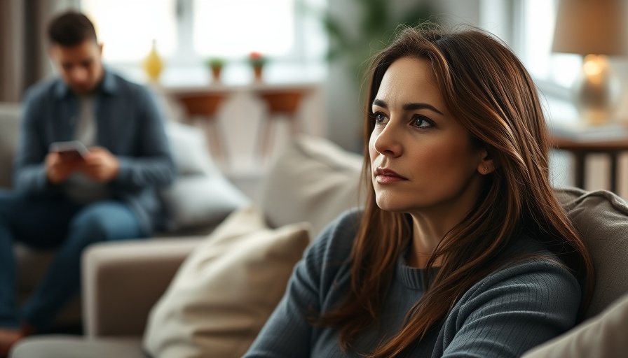 Woman deep in thought, man distracted on phone, capturing chronic over-givers emotional patterns.