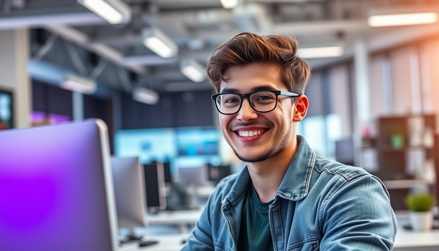 Young adult embracing AI in social media at modern tech office.