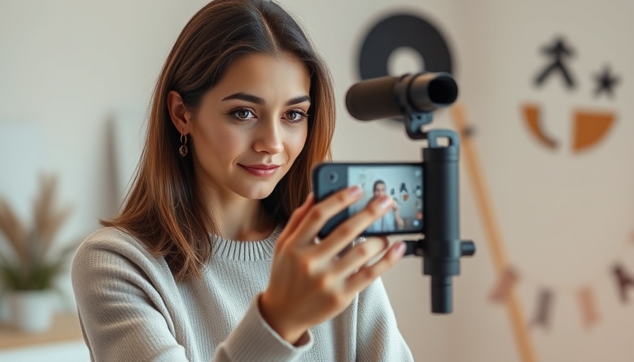User-generated content by a woman filming a video with a smartphone and microphone.