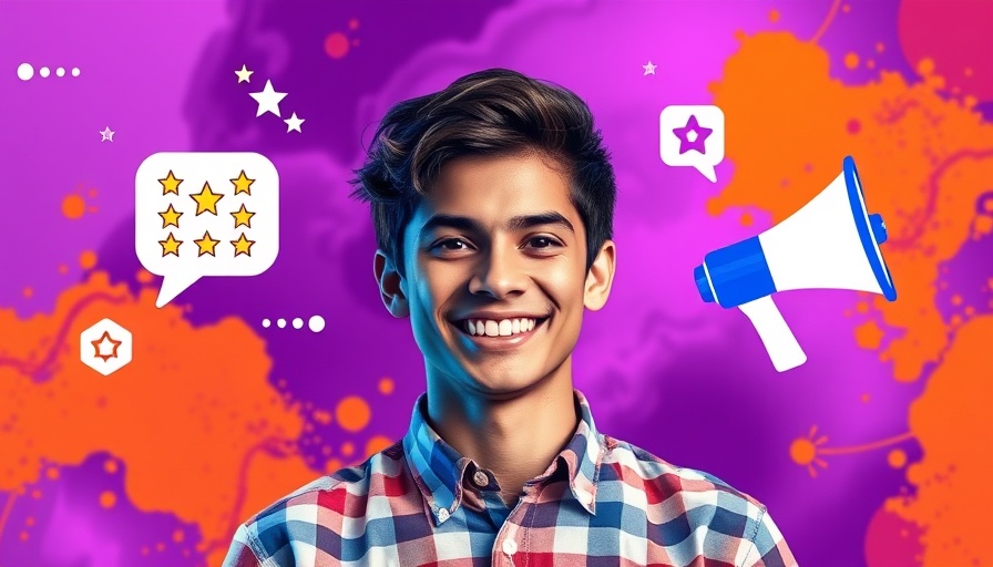 Negative social proof concept with smiling man and icons, vibrant background.
