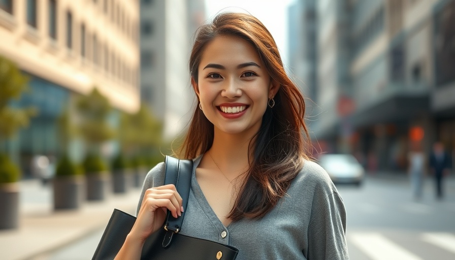 Confident young woman smiling in urban setting, showcasing wealthy traits.