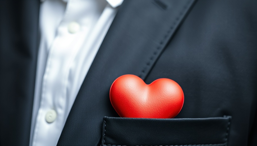 Red heart in suit pocket symbolizing community building passion.