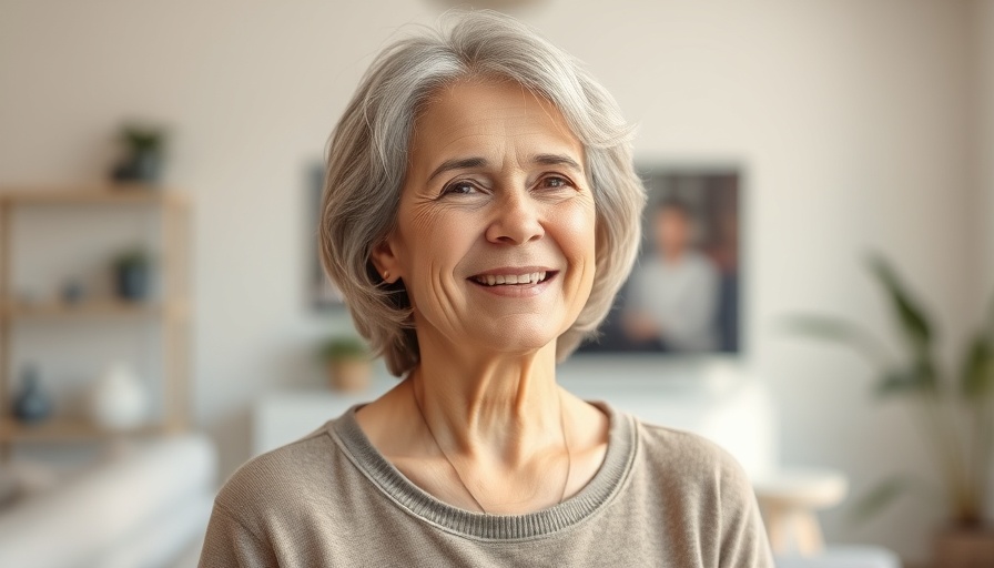 Middle-aged woman smiling warmly in a softly lit setting, natural light.
