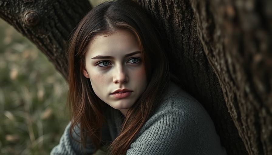 Reflective young woman showing signs of not healing, sitting outdoors.