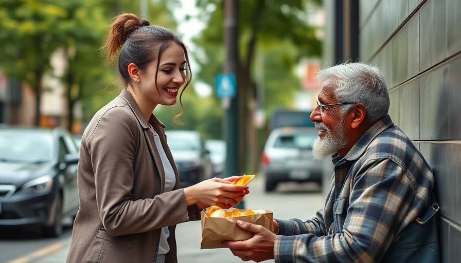 Unconscious actions show kindness; woman offers food to a homeless man.