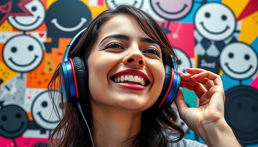 Young woman listening to music, abstract cultural art background.