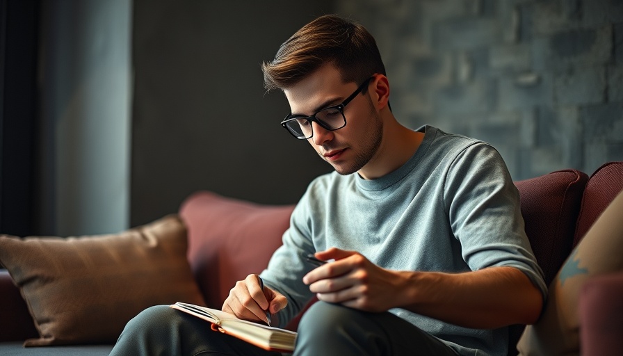 Young man reflecting signs of hidden loneliness, writing in a notebook.