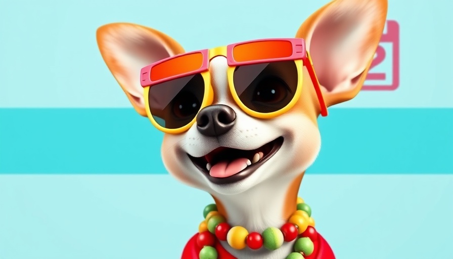 Cheerful Chihuahua celebrates in red attire against a blue background.