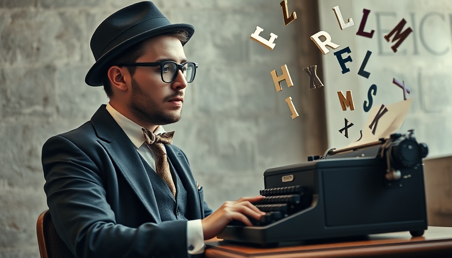 Vintage writer with typewriter and floating letters, writing tools for content creation.