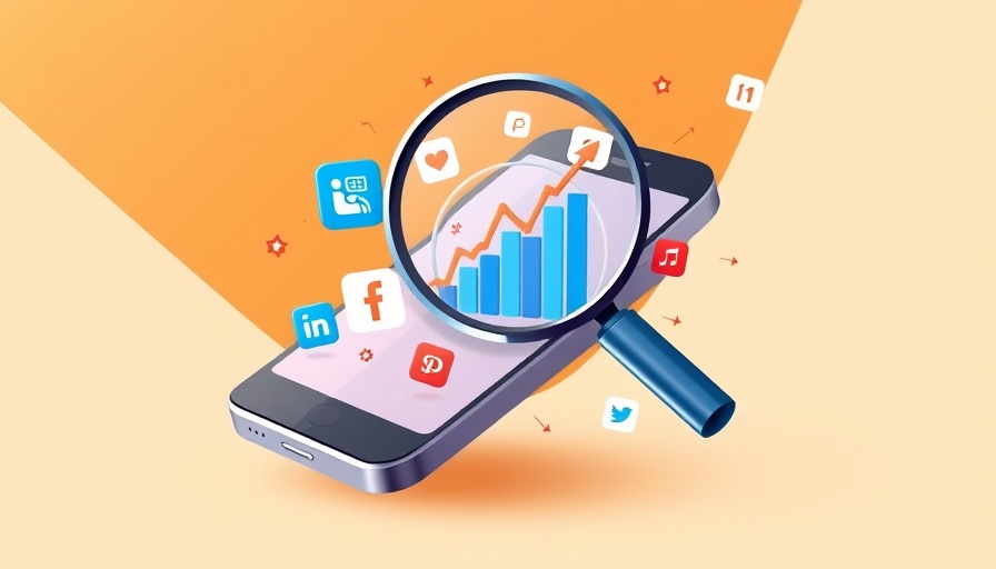 Abstract smartphone with social media icons and magnifying glass.
