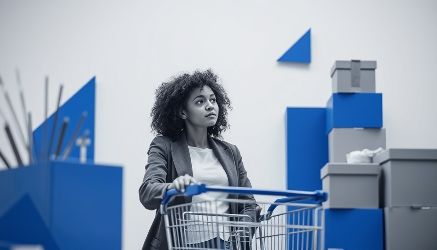 Monochromatic image of woman pushing cart with ecommerce elements.