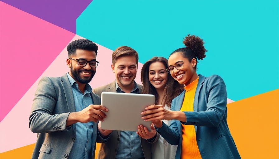 Diverse colleagues using AI tools for branding on tablet.
