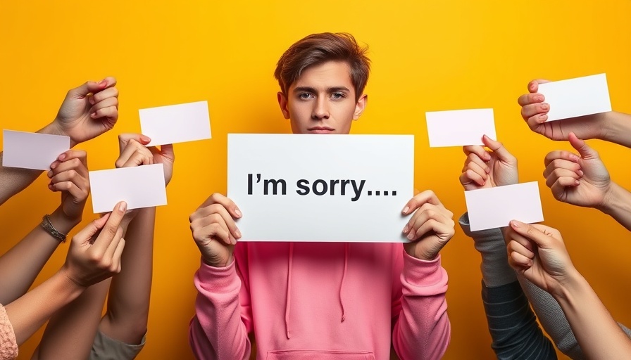 Young man surrounded by apology signs, looking apologetic.