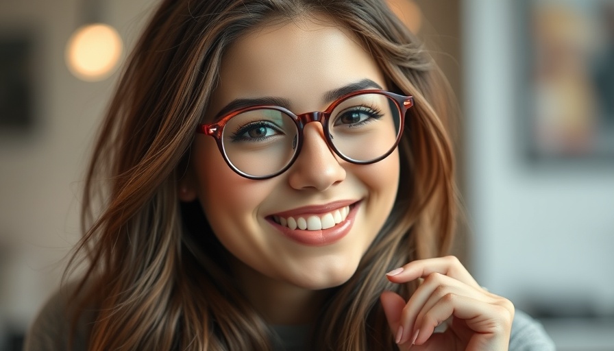 Young woman smiling indoors with round glasses, warm light.