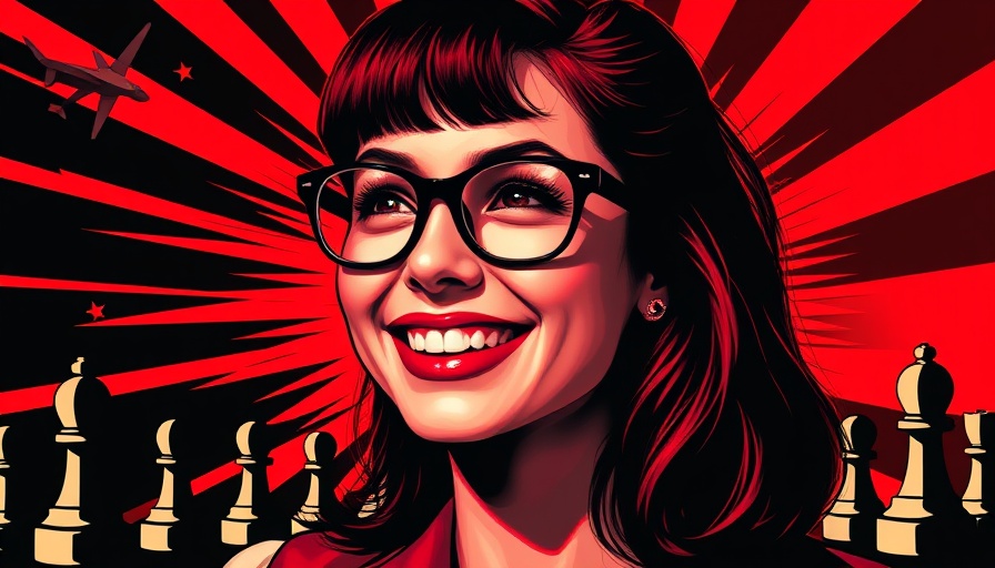 Retro marketing graphic with smiling woman and chess pieces, B2B marketing humor strategies.