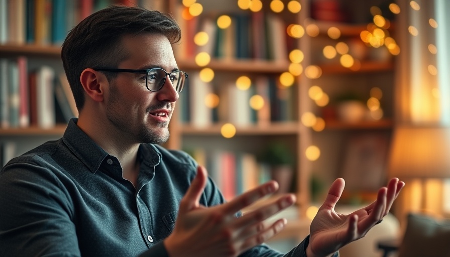 Man using subtle phrases in conversation with expressive gestures in a cozy room.