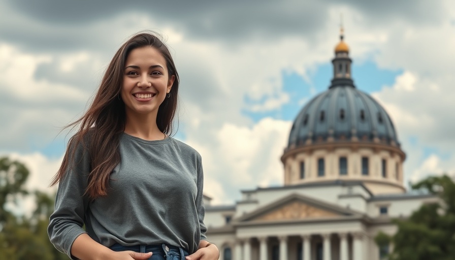 Smiling young woman with iconic dome landscape, farm-to-table innovation background.