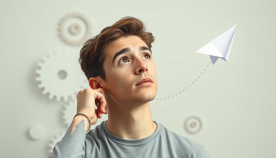 Young man pondering future of SEO and AI Integration with gears and paper airplane.