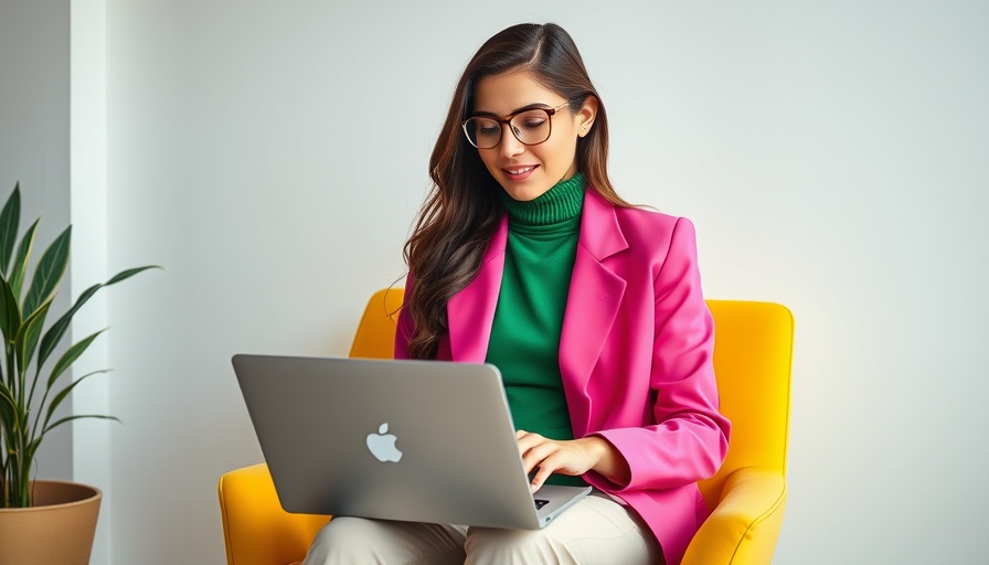 Stylish young woman working on laptop in colorful setting, ideal social media post length.
