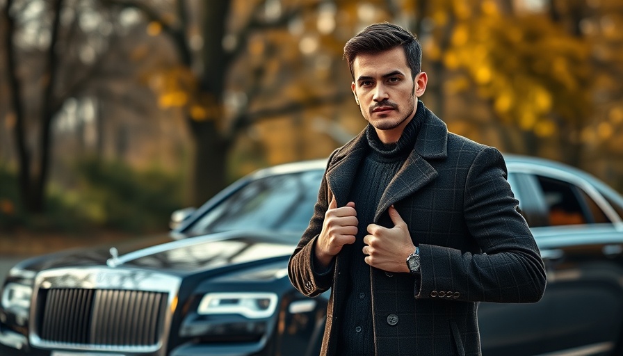 Stylish man with coat and luxury car, status symbols that impress the middle class.
