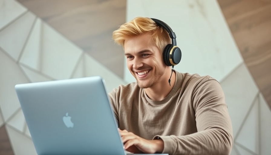 Blonde man using laptop for AI agents in marketing, digital art.