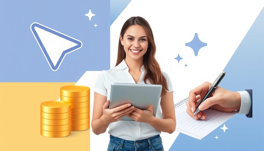 Young woman with tablet in digital and financial themed collage.