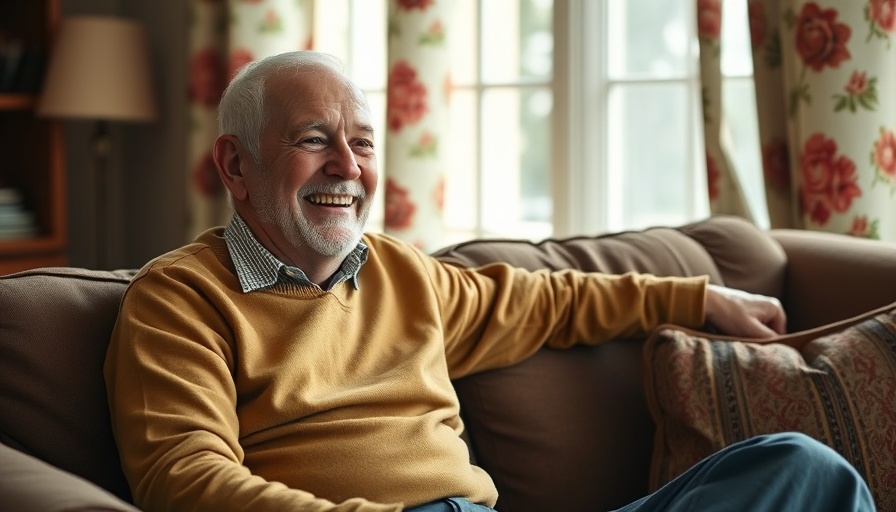 Cheerful elderly man smiling in a cozy living room.