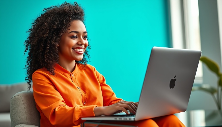 Influencer marketing: young woman smiling with laptop in modern setting.
