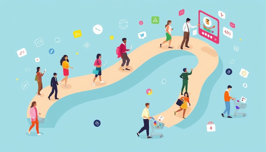 Illustration of omnichannel buying journey with diverse shoppers and digital icons.