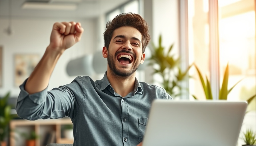 Joyful young man celebrating a success at his desk, showing habits to achieve genuine success.