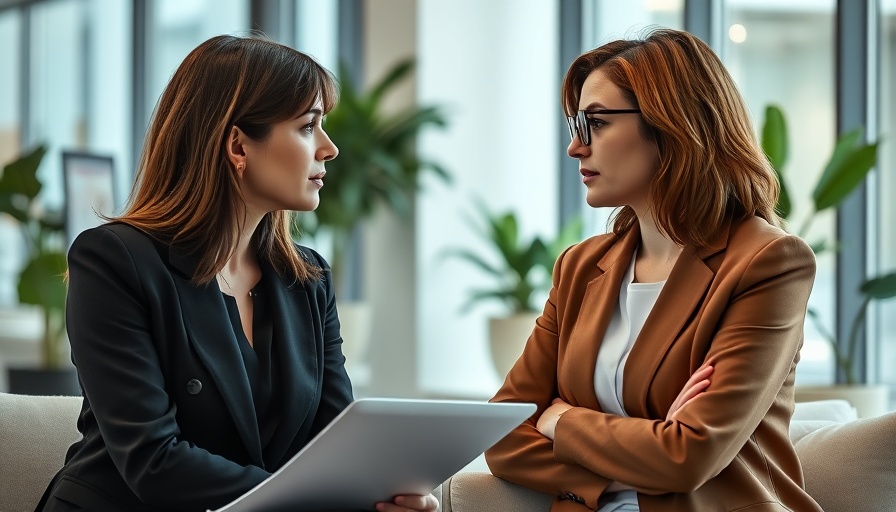 Two women discussing closed-minded business phrases in modern office.