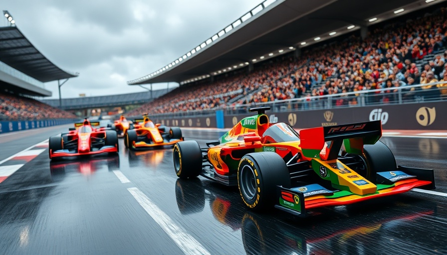 Life-sized LEGO F1 cars on track with cheering crowd.