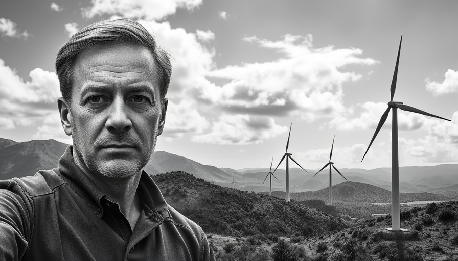 Trump wind energy lawsuit image with wind turbines and portrait.