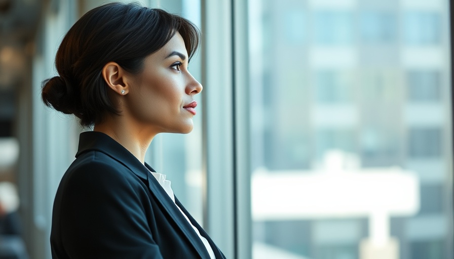 Businesswoman contemplating productivity by window, 2-minute rule.