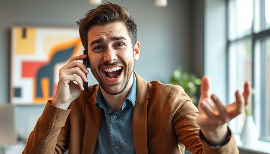 Enthusiastic man discussing lead generation tools over phone, modern setting.